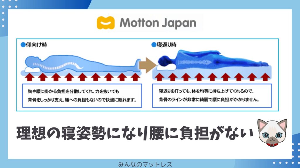 ちょうど良い硬さのモットンは理想の寝姿勢になり腰に負担がなくなる